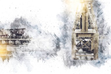 Büyük iskele vinçleri, derin deniz gemilerinin boşaltılması için hazırlandı. Sanatsal ilüstrasyon antika, model, minyatür.