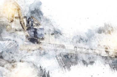 Büyük iskele vinçleri, derin deniz gemilerinin boşaltılması için hazırlandı. Sanatsal ilüstrasyon antika, model, minyatür.