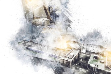 Büyük iskele vinçleri, derin deniz gemilerinin boşaltılması için hazırlandı. Sanatsal ilüstrasyon antika, model, minyatür.