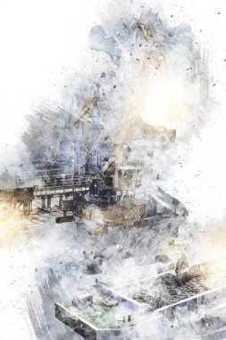 Büyük iskele vinçleri, derin deniz gemilerinin boşaltılması için hazırlandı. Sanatsal ilüstrasyon antika, model, minyatür.