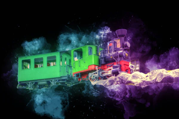 湖や山 アート イラスト ヴィンテージ レトロ アンティーク モデル ミニチュア上の日没に対する蒸気機関車とポーランドの列車の旅 — ストック写真