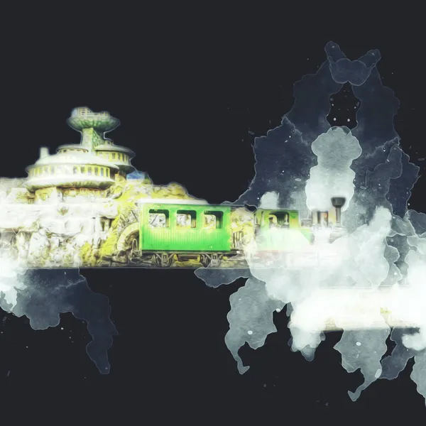湖や山 アート イラスト ヴィンテージ レトロ アンティーク モデル ミニチュア上の日没に対する蒸気機関車とポーランドの列車の旅 — ストック写真