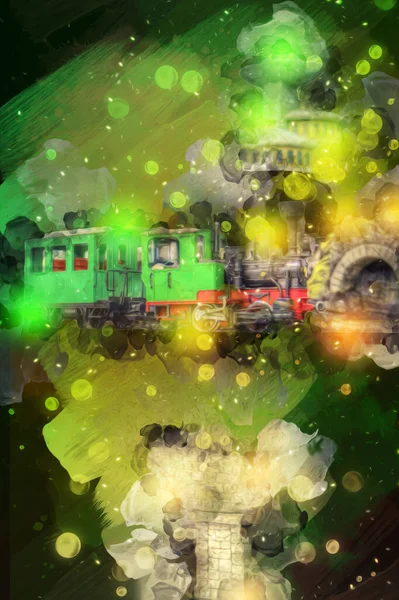 Train Viaduct Poland Steam Train Sunset Lake Mountains Art Ilustration — Stock Photo, Image
