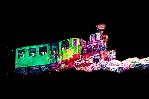 Polonya 'da bir viyadük treni, gün batımına karşı gölün ve dağların üzerinde buhar treniyle, sanat, ilüstrasyon, antika, model, minyatür.