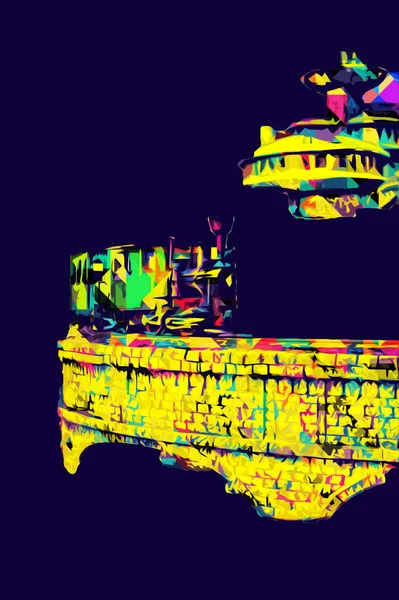 Polonya 'da bir viyadük treni, gün batımına karşı gölün ve dağların üzerinde buhar treniyle, sanat, ilüstrasyon, antika, model, minyatür.