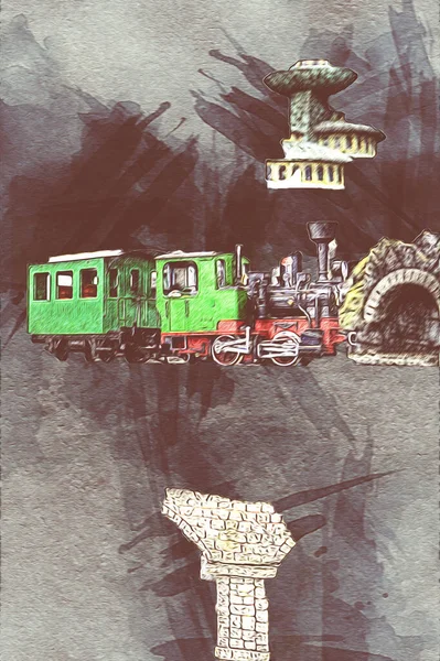 Виадук Поезда Польше Паровозом Против Заката Над Озером Горами Искусство — стоковое фото