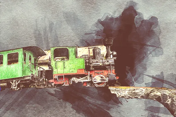 Vonat Viadukt Lengyelországban Gőz Vonat Ellen Naplemente Hegyek Művészet Illusztráció — Stock Fotó
