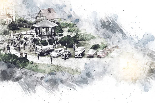 Wroclaw Avrupa şehir manzarası, düğün, insanlar ve çim, sanat ilüstrasyonu antika, model, minyatür