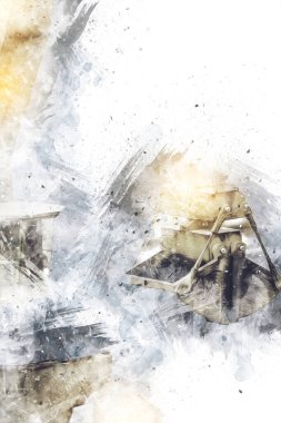 Büyük iskele vinçleri, derin deniz gemilerinin boşaltılması için hazırlandı. Sanatsal ilüstrasyon antika, model, minyatür.