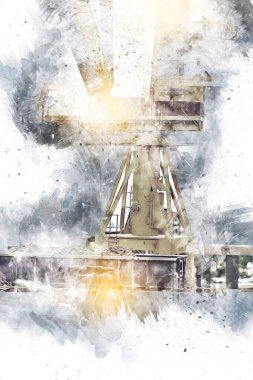 Büyük iskele vinçleri, derin deniz gemilerinin boşaltılması için hazırlandı. Sanatsal ilüstrasyon antika, model, minyatür.