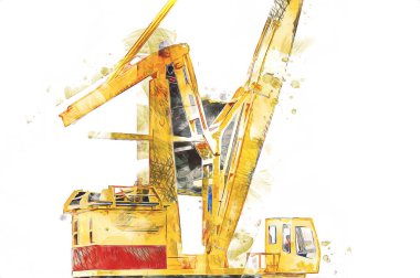 Büyük iskele vinçleri, derin deniz gemilerinin boşaltılması için hazırlandı. Sanatsal ilüstrasyon antika, model, minyatür.