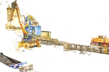 Büyük iskele vinçleri, derin deniz gemilerinin boşaltılması için hazırlandı. Sanatsal ilüstrasyon antika, model, minyatür.