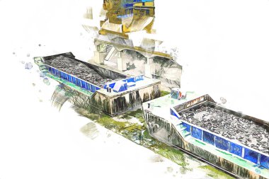 Büyük iskele vinçleri, derin deniz gemilerinin boşaltılması için hazırlandı. Sanatsal ilüstrasyon antika, model, minyatür.