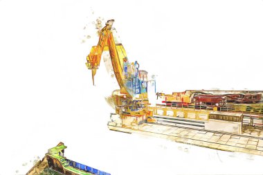 Büyük iskele vinçleri, derin deniz gemilerinin boşaltılması için hazırlandı. Sanatsal ilüstrasyon antika, model, minyatür.