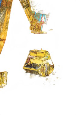 Büyük iskele vinçleri, derin deniz gemilerinin boşaltılması için hazırlandı. Sanatsal ilüstrasyon antika, model, minyatür.