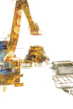 Büyük iskele vinçleri, derin deniz gemilerinin boşaltılması için hazırlandı. Sanatsal ilüstrasyon antika, model, minyatür.