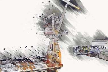 Büyük iskele vinçleri, derin deniz gemilerinin boşaltılması için hazırlandı. Sanatsal ilüstrasyon antika, model, minyatür.