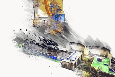 Büyük iskele vinçleri, derin deniz gemilerinin boşaltılması için hazırlandı. Sanatsal ilüstrasyon antika, model, minyatür.