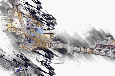 Büyük iskele vinçleri, derin deniz gemilerinin boşaltılması için hazırlandı. Sanatsal ilüstrasyon antika, model, minyatür.