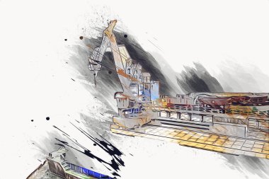 Büyük iskele vinçleri, derin deniz gemilerinin boşaltılması için hazırlandı. Sanatsal ilüstrasyon antika, model, minyatür.