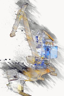 Büyük iskele vinçleri, derin deniz gemilerinin boşaltılması için hazırlandı. Sanatsal ilüstrasyon antika, model, minyatür.