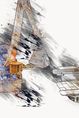 Büyük iskele vinçleri, derin deniz gemilerinin boşaltılması için hazırlandı. Sanatsal ilüstrasyon antika, model, minyatür.