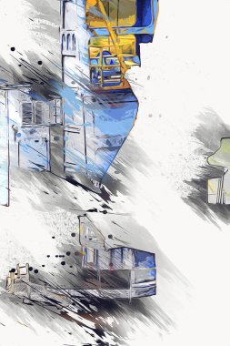 Büyük iskele vinçleri, derin deniz gemilerinin boşaltılması için hazırlandı. Sanatsal ilüstrasyon antika, model, minyatür.