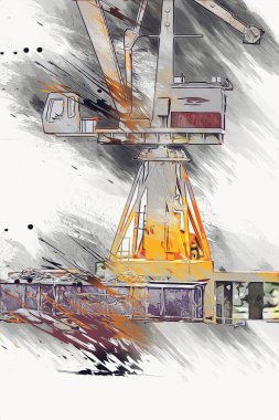 Büyük iskele vinçleri, derin deniz gemilerinin boşaltılması için hazırlandı. Sanatsal ilüstrasyon antika, model, minyatür.