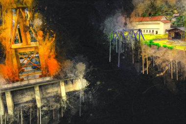 Büyük iskele vinçleri, derin deniz gemilerinin boşaltılması için hazırlandı. Sanatsal ilüstrasyon antika, model, minyatür.