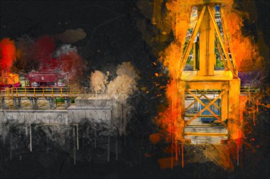 Büyük iskele vinçleri, derin deniz gemilerinin boşaltılması için hazırlandı. Sanatsal ilüstrasyon antika, model, minyatür.