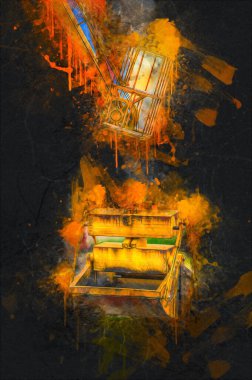 Büyük iskele vinçleri, derin deniz gemilerinin boşaltılması için hazırlandı. Sanatsal ilüstrasyon antika, model, minyatür.