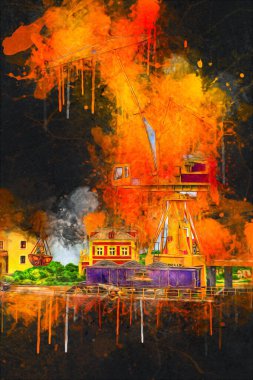 Büyük iskele vinçleri, derin deniz gemilerinin boşaltılması için hazırlandı. Sanatsal ilüstrasyon antika, model, minyatür.