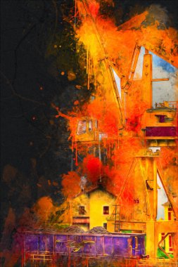 Büyük iskele vinçleri, derin deniz gemilerinin boşaltılması için hazırlandı. Sanatsal ilüstrasyon antika, model, minyatür.