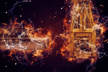 Büyük iskele vinçleri, derin deniz gemilerinin boşaltılması için hazırlandı. Sanatsal ilüstrasyon antika, model, minyatür.