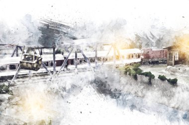 Nehir üzerinde tren köprüsü, viyadük, sanat ilüstrasyonu antika, model, minyatür