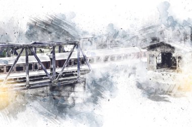 Nehir üzerinde tren köprüsü, viyadük, sanat ilüstrasyonu antika, model, minyatür