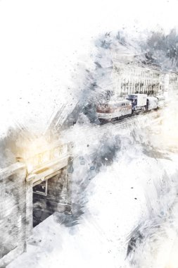 Nehir üzerinde tren köprüsü, viyadük, sanat ilüstrasyonu antika, model, minyatür