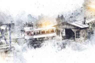 Nehir üzerinde tren köprüsü, viyadük, sanat ilüstrasyonu antika, model, minyatür