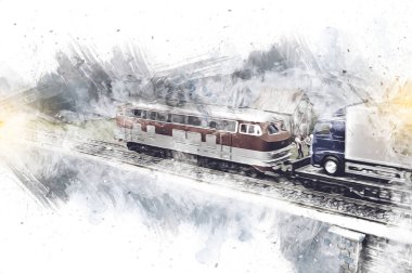 Nehir üzerinde tren köprüsü, viyadük, sanat ilüstrasyonu antika, model, minyatür