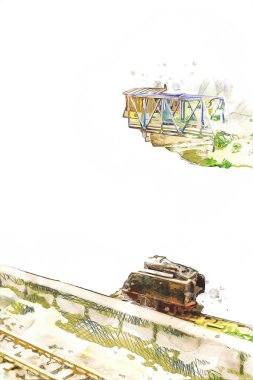 Nehir üzerinde tren köprüsü, viyadük, sanat ilüstrasyonu antika, model, minyatür