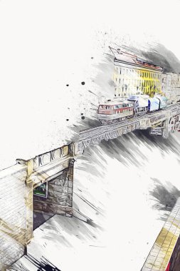 Nehir üzerinde tren köprüsü, viyadük, sanat ilüstrasyonu antika, model, minyatür