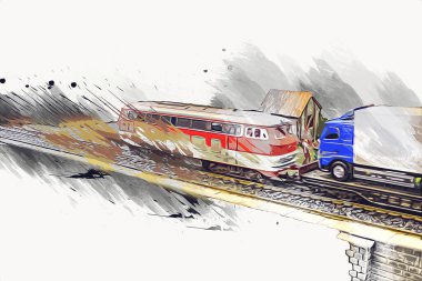 Nehir üzerinde tren köprüsü, viyadük, sanat ilüstrasyonu antika, model, minyatür