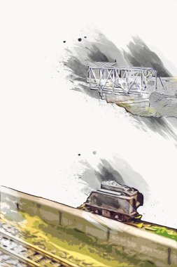 Nehir üzerinde tren köprüsü, viyadük, sanat ilüstrasyonu antika, model, minyatür