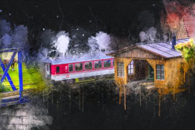 Nehir üzerinde tren köprüsü, viyadük, sanat ilüstrasyonu antika, model, minyatür