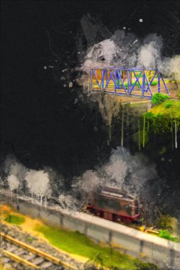 Nehir üzerinde tren köprüsü, viyadük, sanat ilüstrasyonu antika, model, minyatür