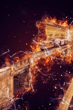 Nehir üzerinde tren köprüsü, viyadük, sanat ilüstrasyonu antika, model, minyatür