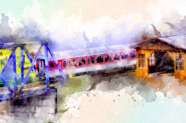 Nehir üzerinde tren köprüsü, viyadük, sanat ilüstrasyonu antika, model, minyatür