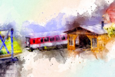 Nehir üzerinde tren köprüsü, viyadük, sanat ilüstrasyonu antika, model, minyatür