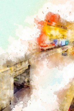 Nehir üzerinde tren köprüsü, viyadük, sanat ilüstrasyonu antika, model, minyatür