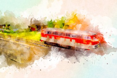 Nehir üzerinde tren köprüsü, viyadük, sanat ilüstrasyonu antika, model, minyatür
